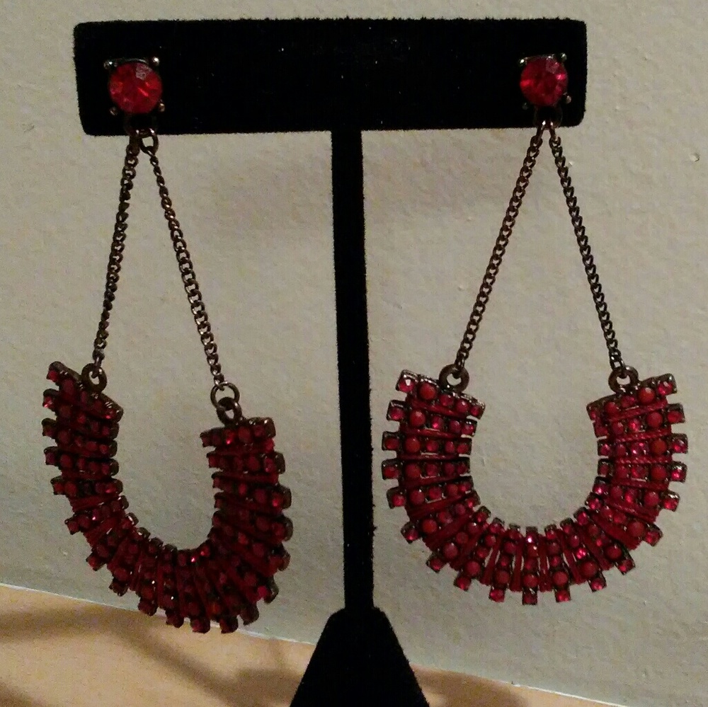 Red Ornate Half Circle Drop Earrings